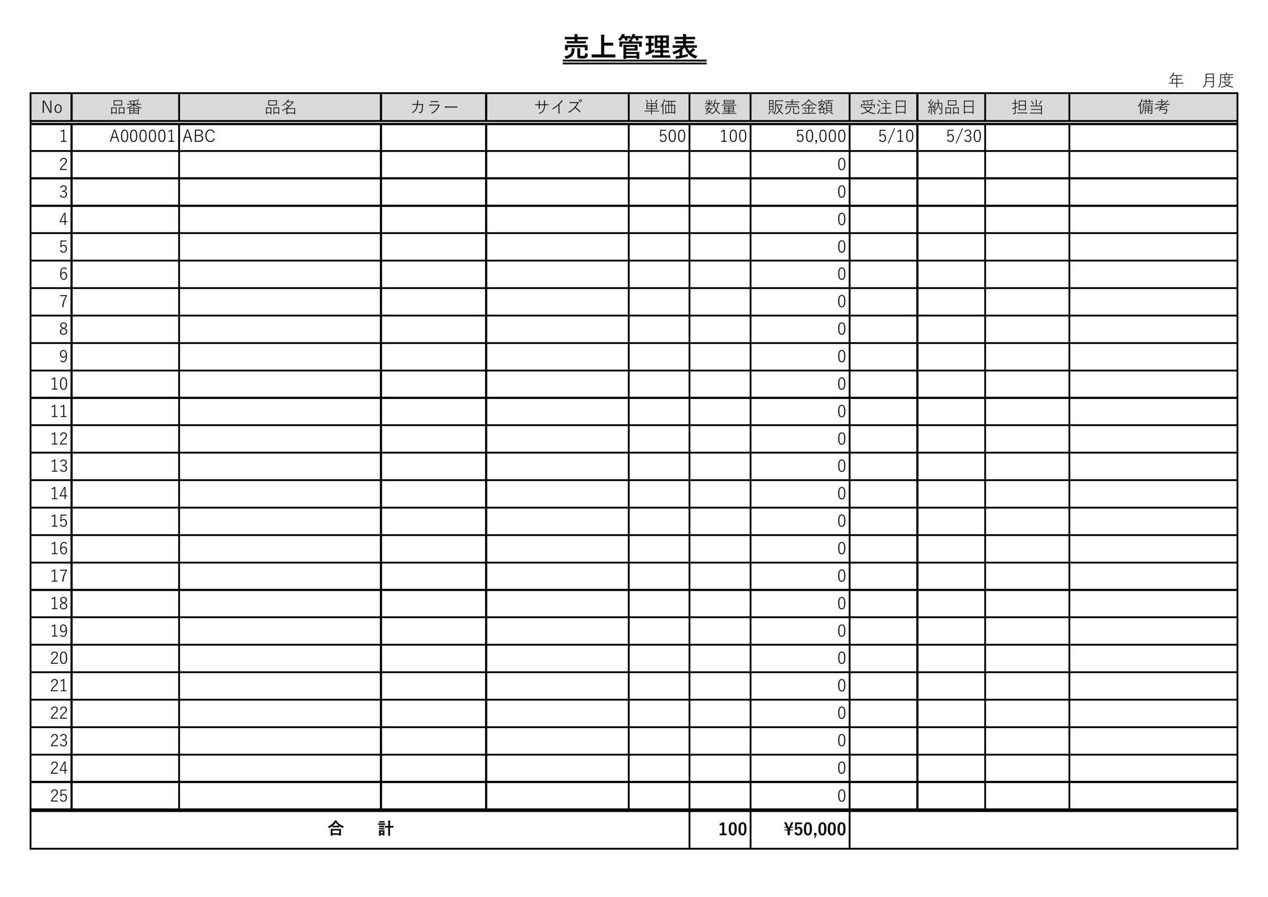 横書きA4サイズ・シンプルで社内や取引先にも使いやすい売上管理表のテンプレートになります。売上の動向や傾向を把握するために、月別に日ごとの売上を記録していく管理
