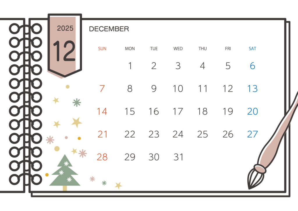 おしゃれなクリスマスデザイン「12月のカレンダー」2025年・令和7年のマンスリーカレンダーテンプレートです。横型で見やすいフォーマット・おしゃれなイラストデザ