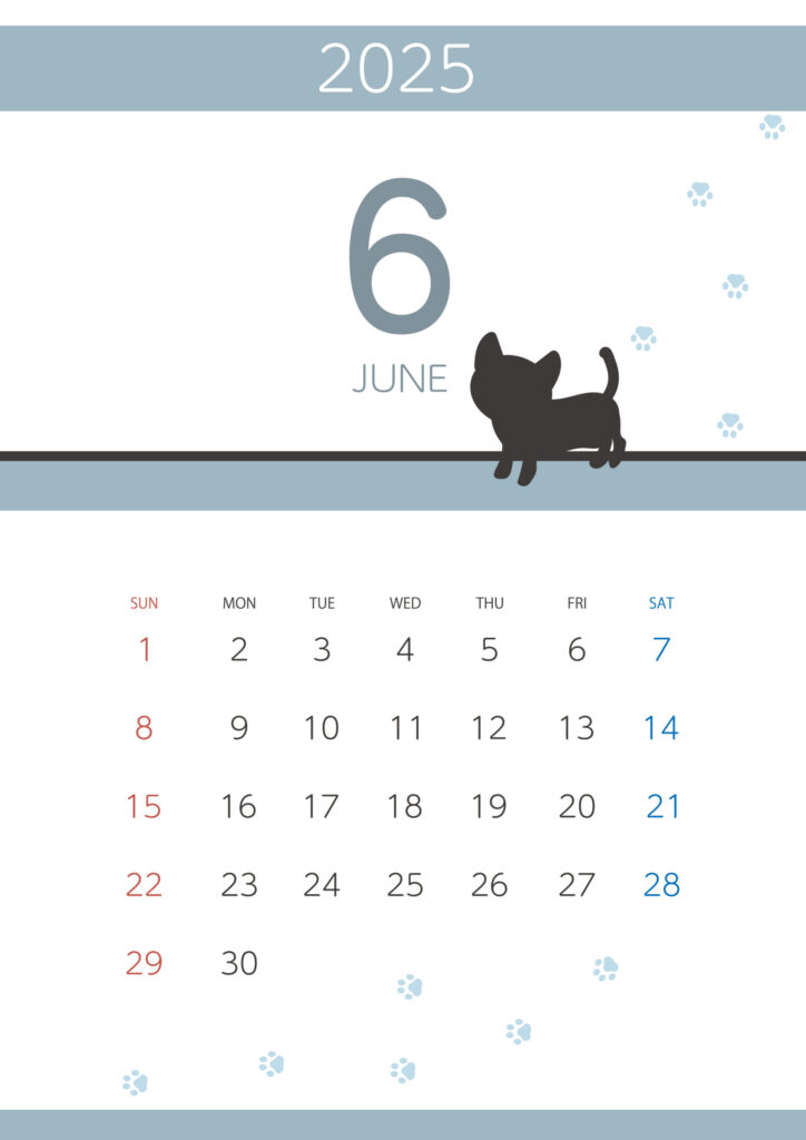 猫好きの方必見！2025年の月間カレンダー「6月」かわいいクロネコのイラストデザイン・店舗のスケジュール表や予約管理にも活用できるおしゃれなマンスリーカレンダー