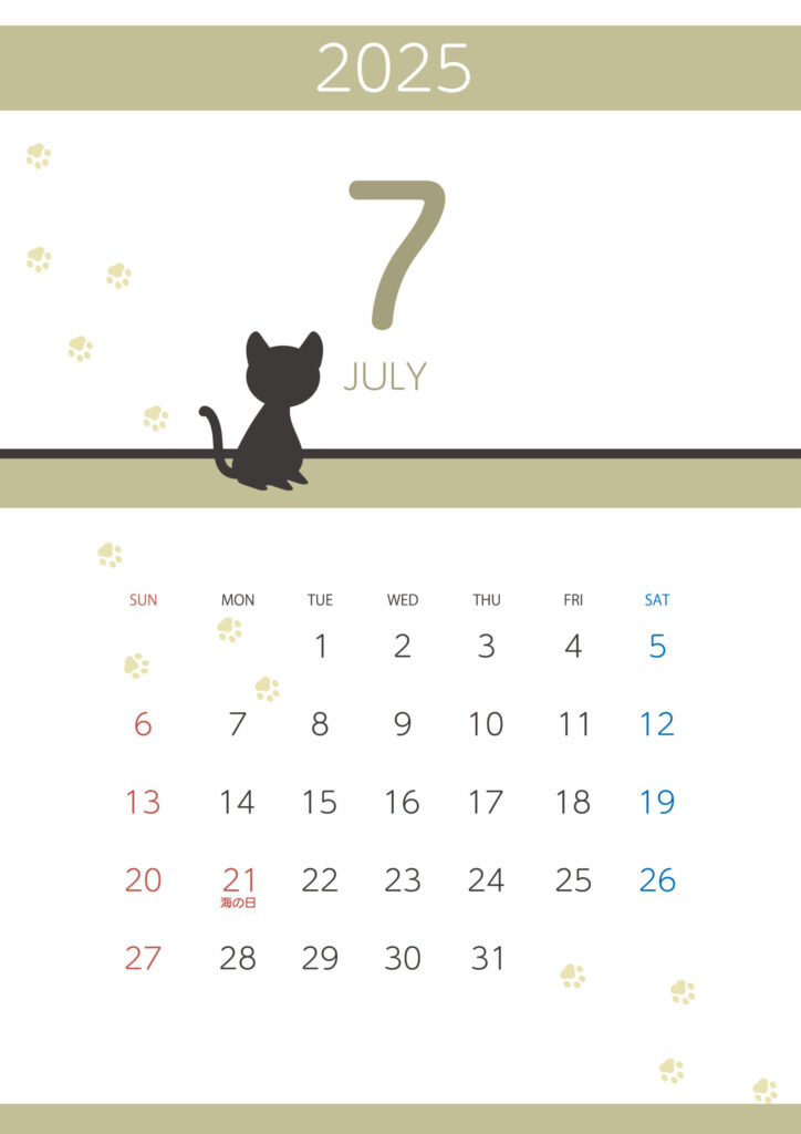 令和7年(2025年)7月のマンスリーカレンダー！黒猫と足跡のかわいいデザイン！ネコ好きな方におすすめテンプレートです。小児科・クリニックなどの診療日のスケジュ