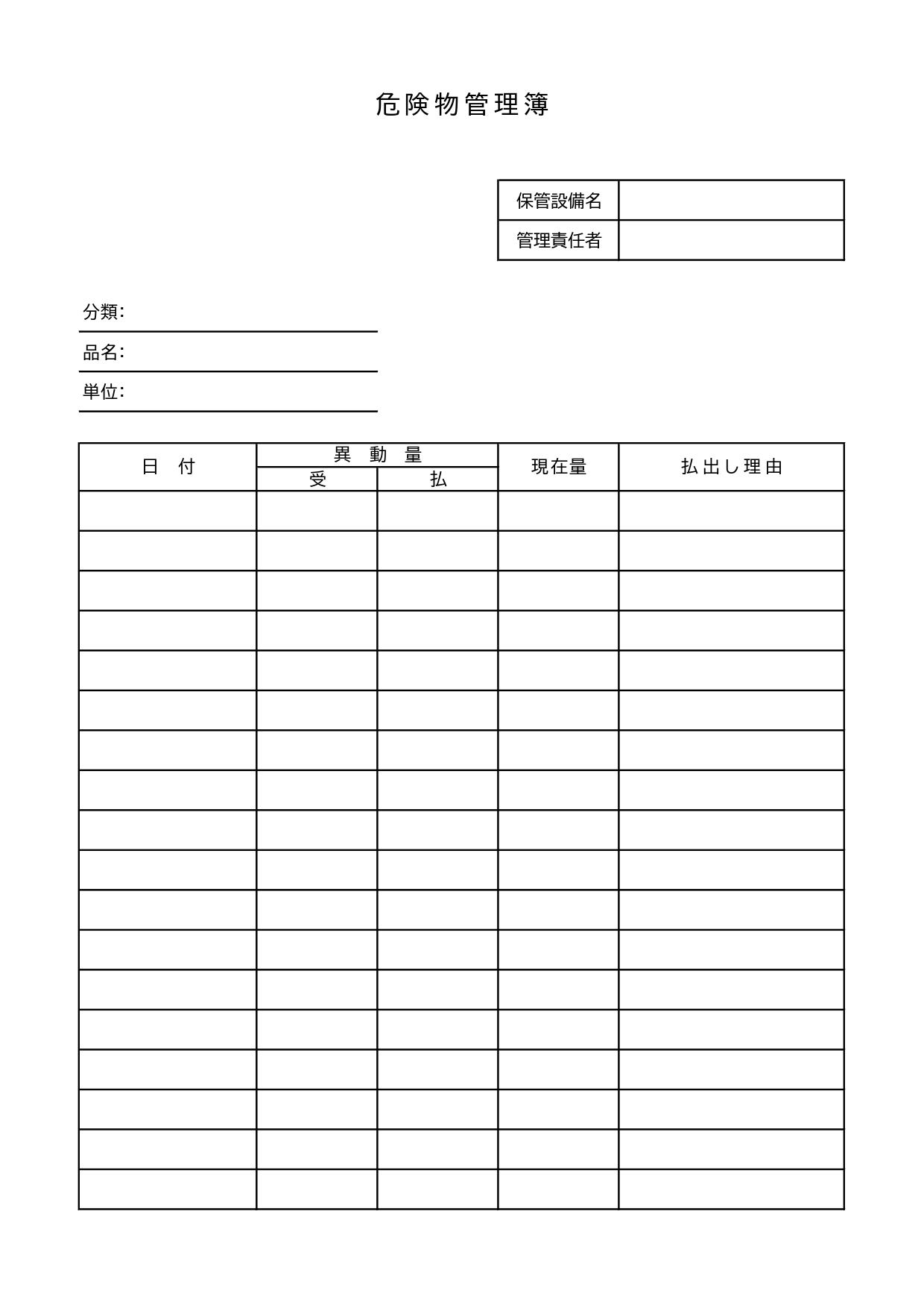 危険物施設や管理者の在庫管理表に活用できる危険物管理簿のテンプレートになります。エクセル、PDF、JPGデータが含まれたZIPファイルをダウンロード取得いただけ
