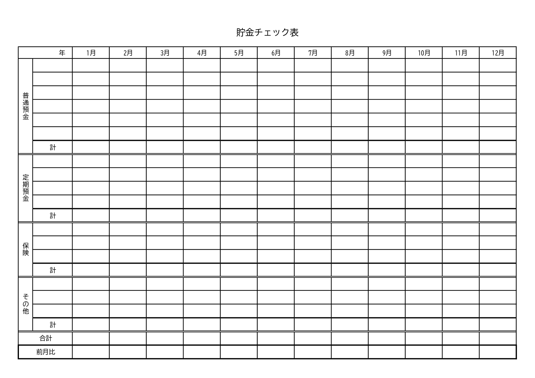 家庭の貯蓄管理に役立つ貯金チェック表のテンプレート・家計簿の作成に活用！毎月の家計・貯金管理に使える確認シートになります。シンプルな様式で見やすく、家計簿が面倒