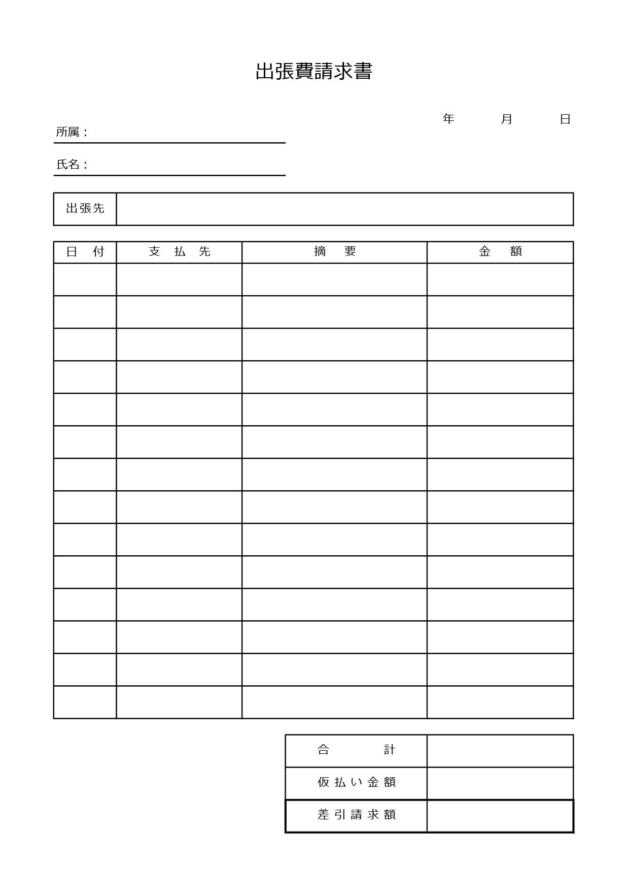 出張時の交通費や宿泊費などの経費申請に役立つ「出張費請求書」A4・縦型のテンプレート・経費精算の事務書類に活用できるひな形になっております。ビジネスでかかった旅