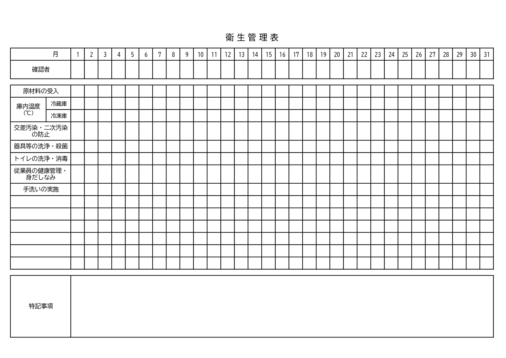 飲食店のアルバイトやパート、従業員の点検表に活用「衛生管理表」Excel・PDF・JPG・A4横型のフォーマット、トイレ掃除や身だしなみ、手洗いなどの衛生管理チ