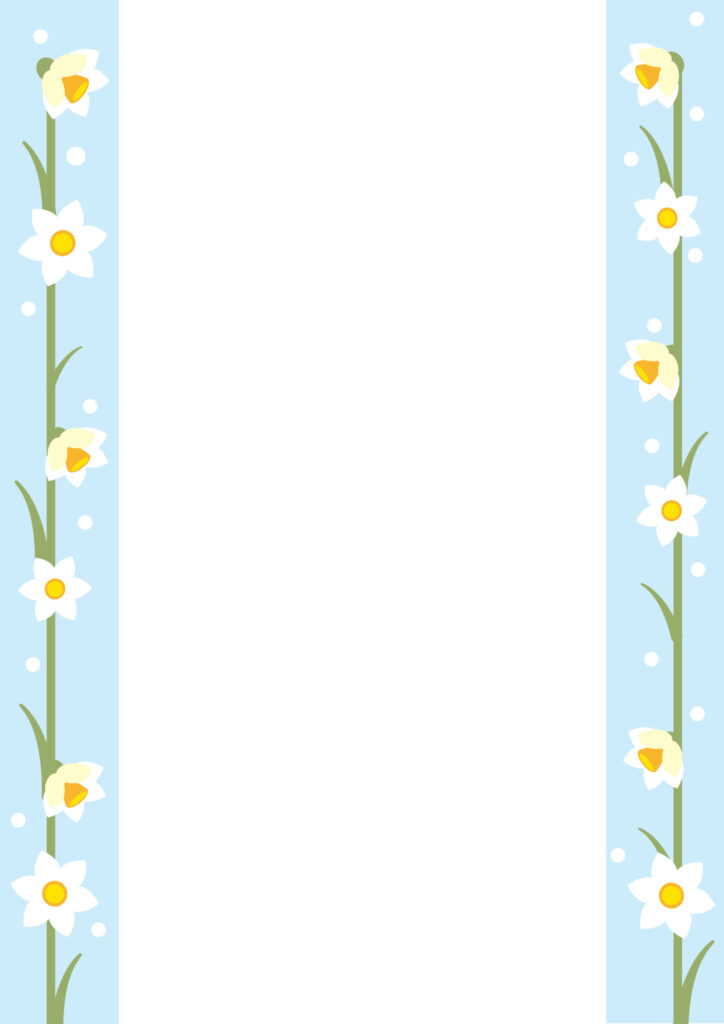 A4縦型お花のフレームです。こちらは、白の水仙のイラストになります。水仙の白い花が映えるように水色の縦ストライプの上に描きました。 スイセンは冬から春にかけて咲
