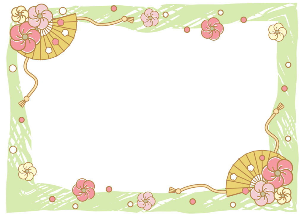 和風デザインのフレーム素材です。うぐいす色の飾り枠にコーナーに扇と梅の花をデザインしました。 お正月シーズンにご活用頂けます。おせちのメニューを書いたり、年始の
