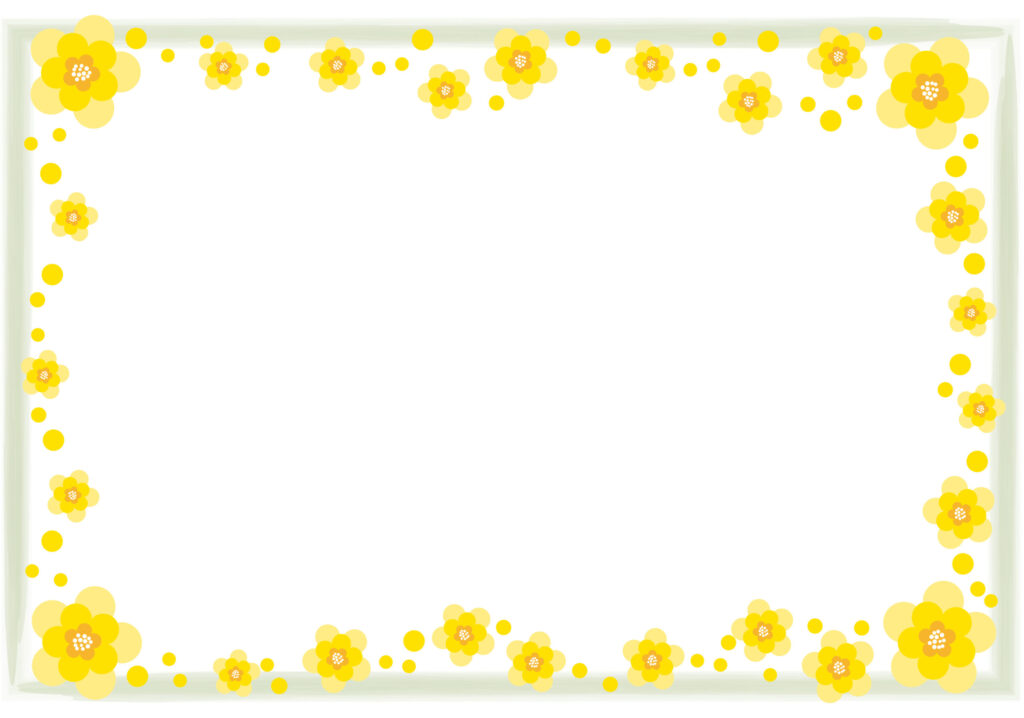 黄色の花がフレームになっている、おしゃれでかわいい飾り枠のテンプレートです。この黄色のお花は蝋梅（ロウバイ）といい、寒い冬に鮮やかな黄色の花を咲かせる落葉低木で