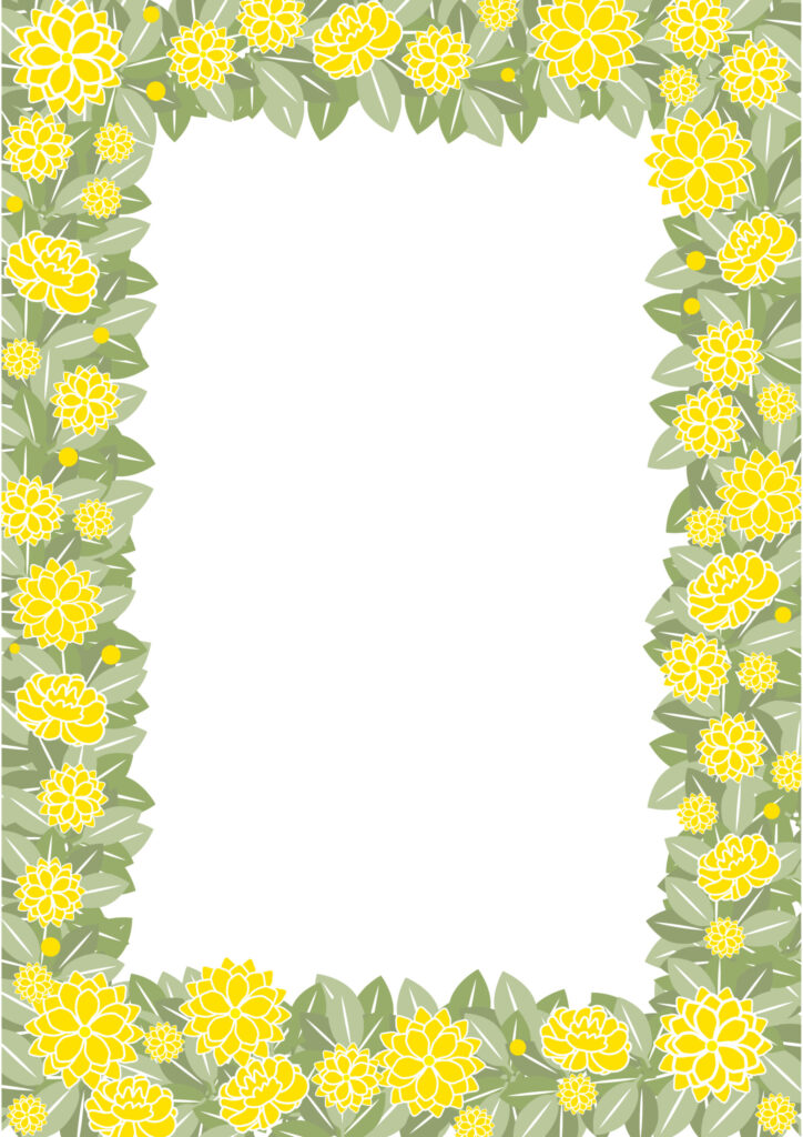 4月の花のフレームです。かわいい黄色いお花は「モッコウバラ」というお花です。お店の装飾に色を添える、華やかなデザインです。 POP、お知らせ、ご案内、張り紙のフ