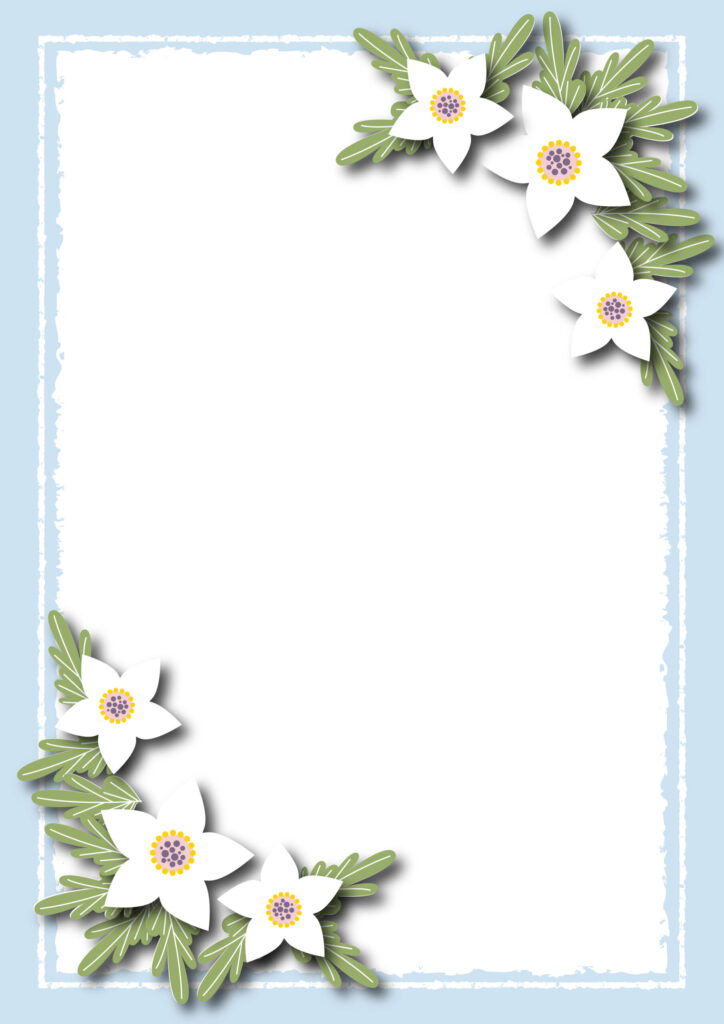 節分の時期に開花するといわれるセツブンソウの花のフレームです。2月のメッセージカードにいかがでしょうか？　 セツブンソウの花言葉は「気品」「微笑み」です。白くて