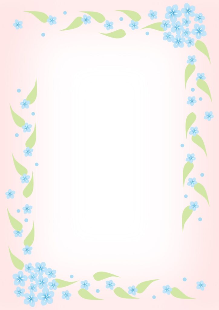 水色でかわいいルリマツリの花のフレームです。ピンク背景に水色のコントラストがかわいいデザインです。「いつも明るい」と「同情」という花言葉が含まれております。 お