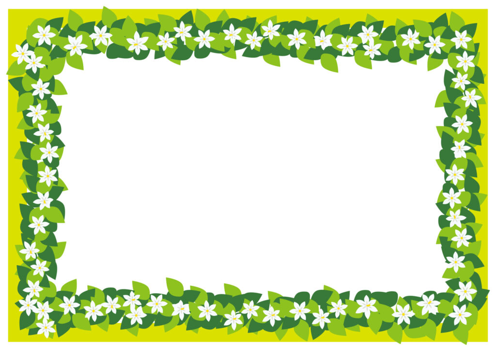 黄色の背景に白色のクチナシの花をフレームに描きました。縦にでも横にでも利用可能です。中央の白い部分が透明なフレームです。既存の原稿に簡単に重ね合わせることができ