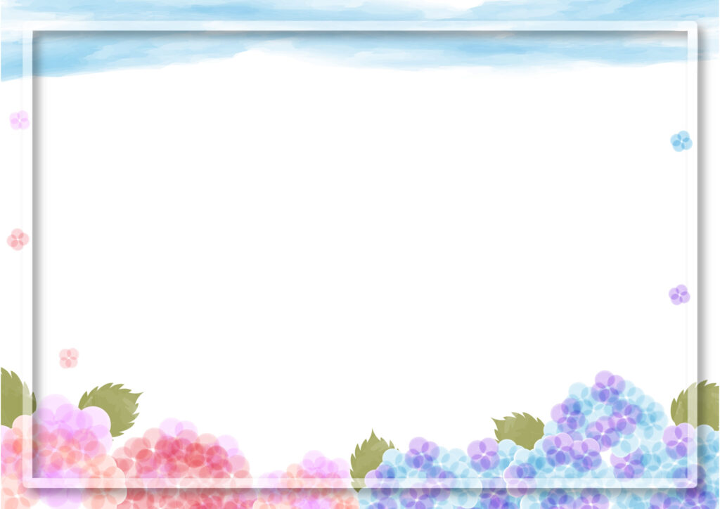 6月におすすめのかわいいお花のフレームです。雨上がりですっきりしない空に色鮮やかな2色のアジサイを描きました。水滴がキラキラ輝いているような明るいデザインです。