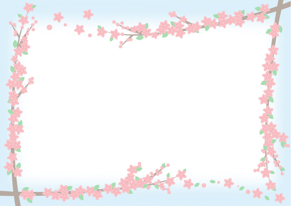 3月におすすめ！　かわいい桃の花をイラストにした、飾り枠のテンプレートになります。木の枝を彩るピンクがかわいい、桃の花のフレームです。 卒入学シーズンなど、学校