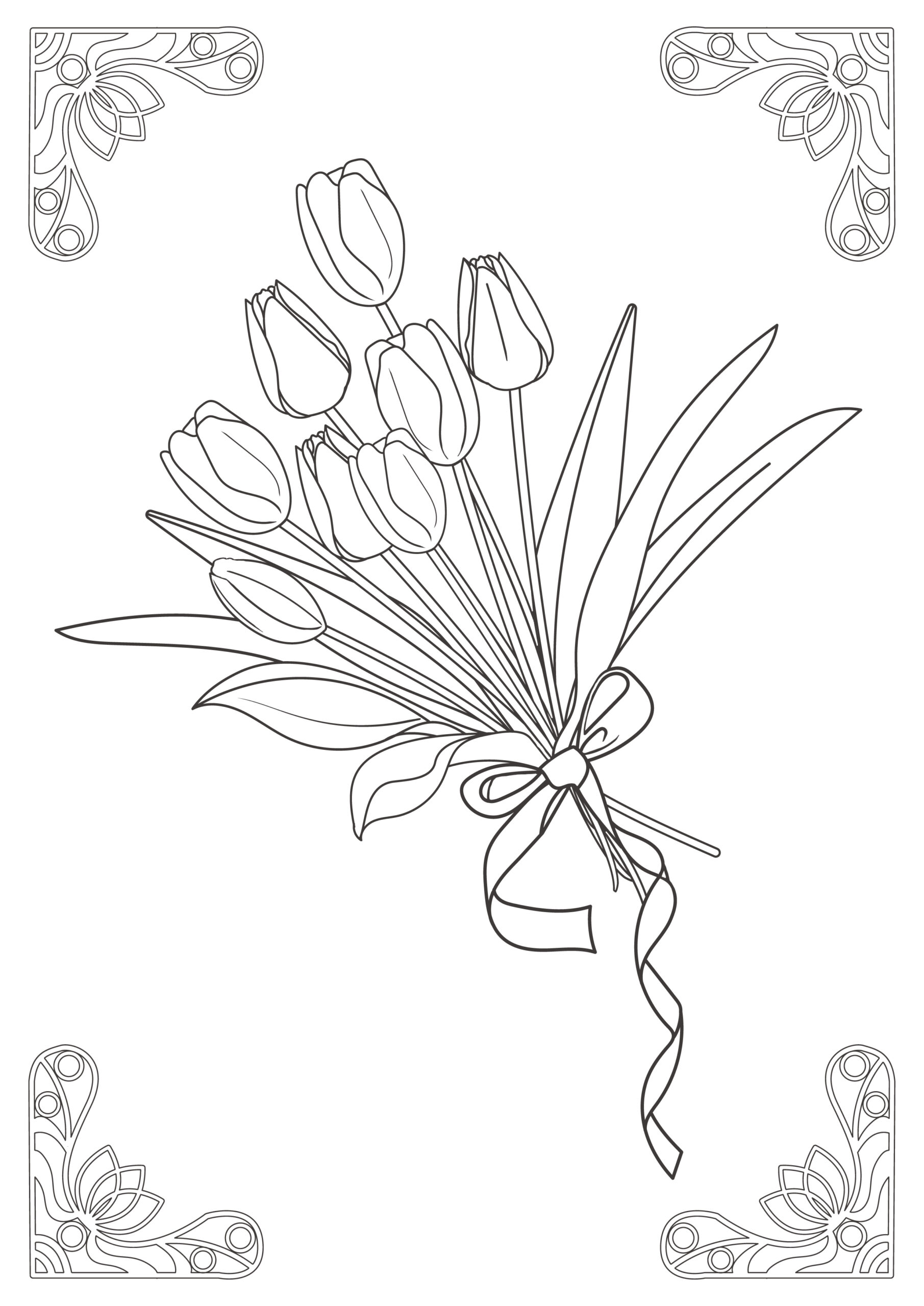 おしゃれなチューリップの花の塗り絵テンプレートです。高齢者施設でのレクリエーションなど大人用におすすめします。PDF・JPG・透過PNGの素材となり、カレンダー