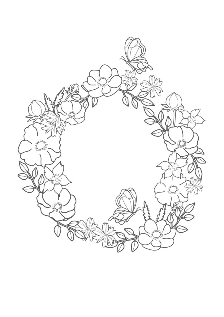 ダウンロードで簡単に使える塗り絵のテンプレート素材・アネモネの花のリースイラストデザインでおしゃれ！制作後は壁紙にしてもかわいいのでおすすめします。大人用・子供