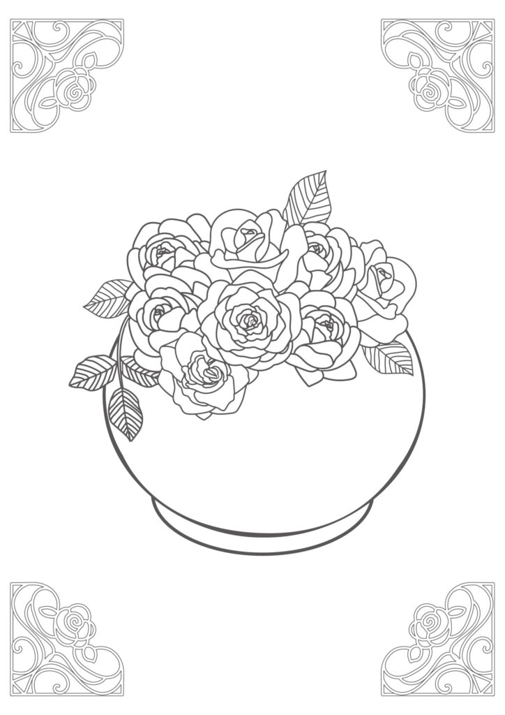 大人用の塗り絵におすすめのテンプレート「バラの花」のおしゃれなイラスト・植物のぬり絵をお探しの方に！デイサービスのレクリエーションに使える素材をダウンロードでき