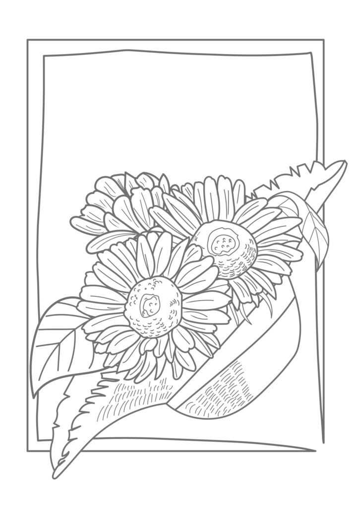 向日葵の花のおしゃれな塗り絵テンプレート(透過PNG・JPG・PDF)ダウンロードでご利用可能となり、高齢者の方の脳活・脳トレや手指のリハビリなど介護施設のレク