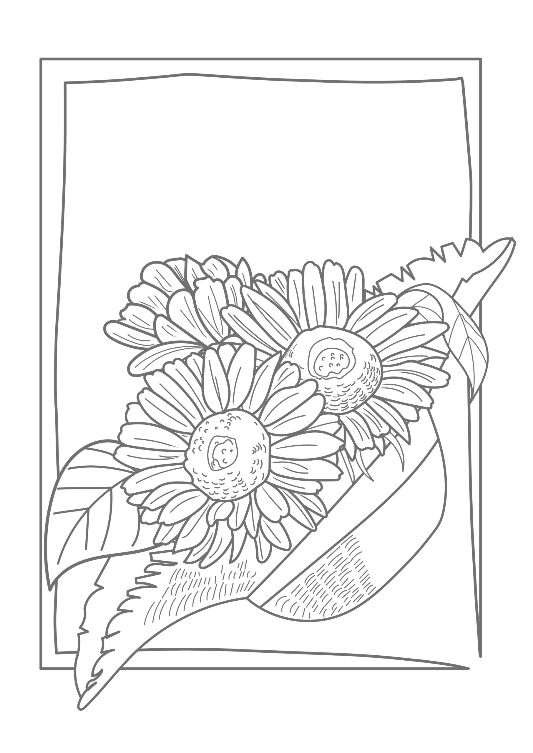向日葵の花のおしゃれな塗り絵テンプレート(透過PNG・JPG・PDF)ダウンロードでご利用可能となり、高齢者の方の脳活・脳トレや手指のリハビリなど介護施設のレク