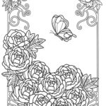 牡丹と蝶々のイラストデザイン・おしゃれな塗り絵アートのテンプレート(透過PNG/JPG/PDF)介護や高齢者施設のご利用者様のレク素材におすすめするぬり絵です。