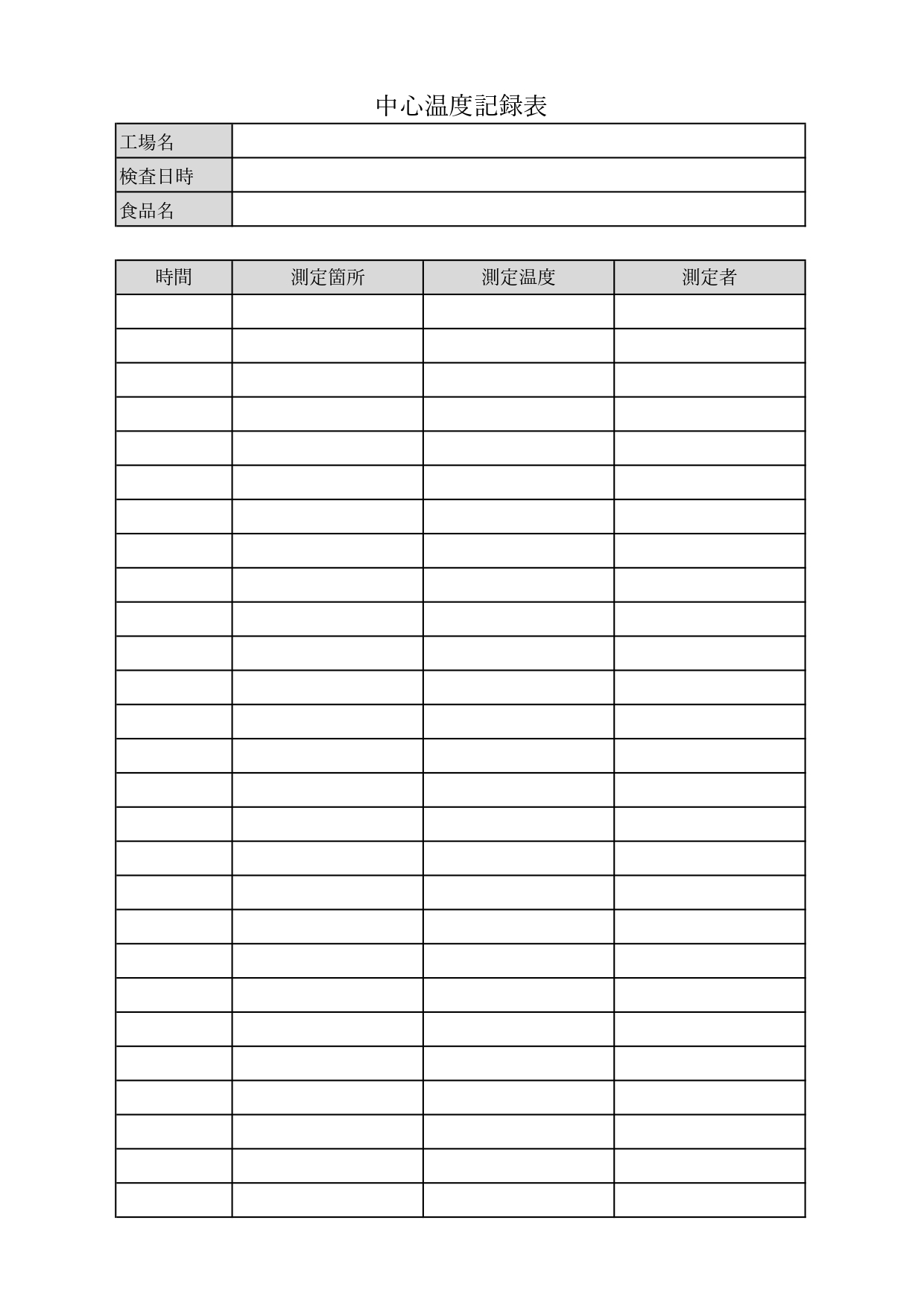 保育園の給食や食品加工業の現場で役立つ「中心温度記録表」のテンプレート・衛生管理に活用(Excel・Word・PDF・JPG)すぐに使えるひな形素材をダウンロー