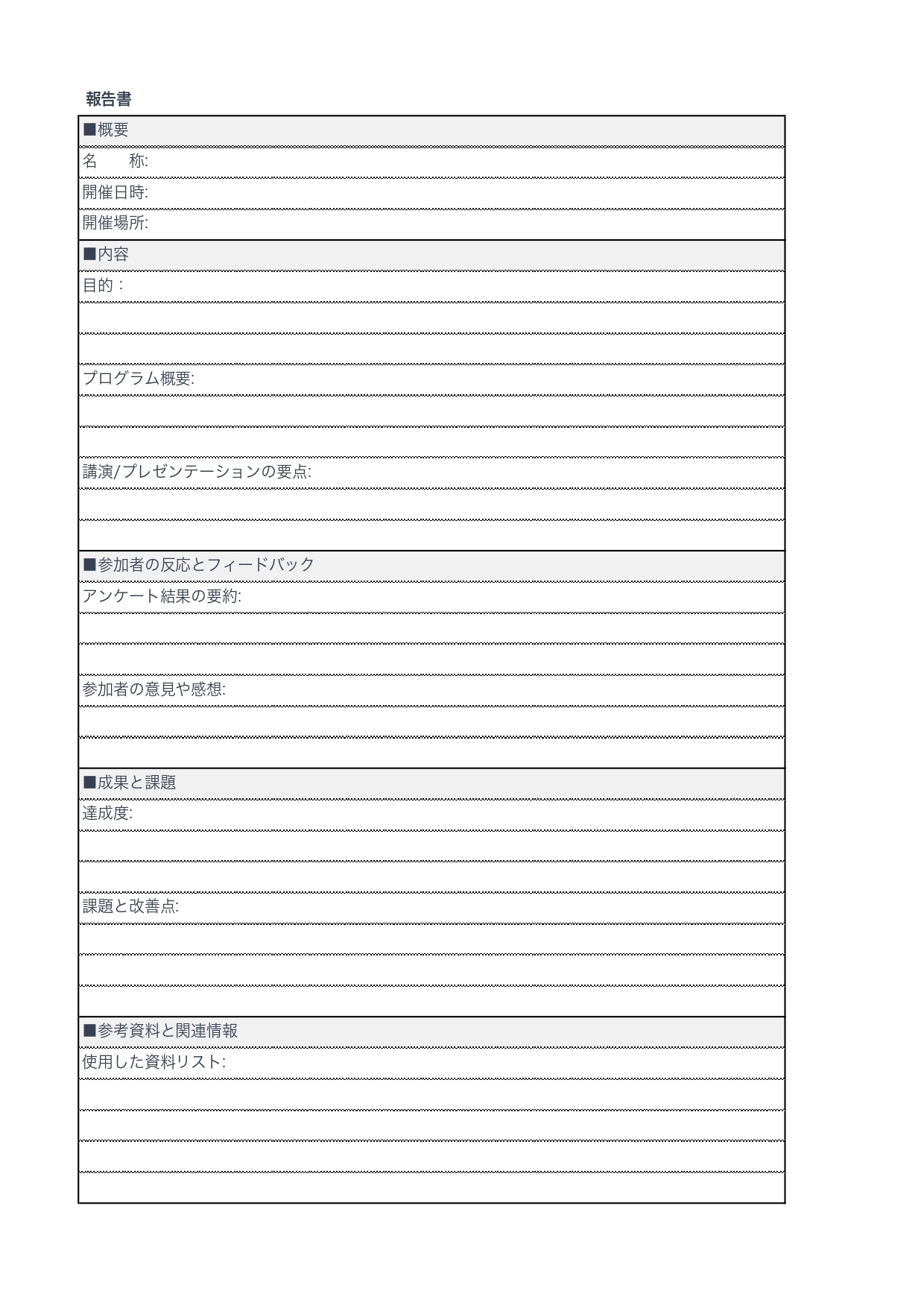 セミナー報告書のテンプレートです。講習会などイベント参加後の報告書の作成にご活用ください。Excel、Wordでパソコン作成が可能となっており、手書きでのご利用
