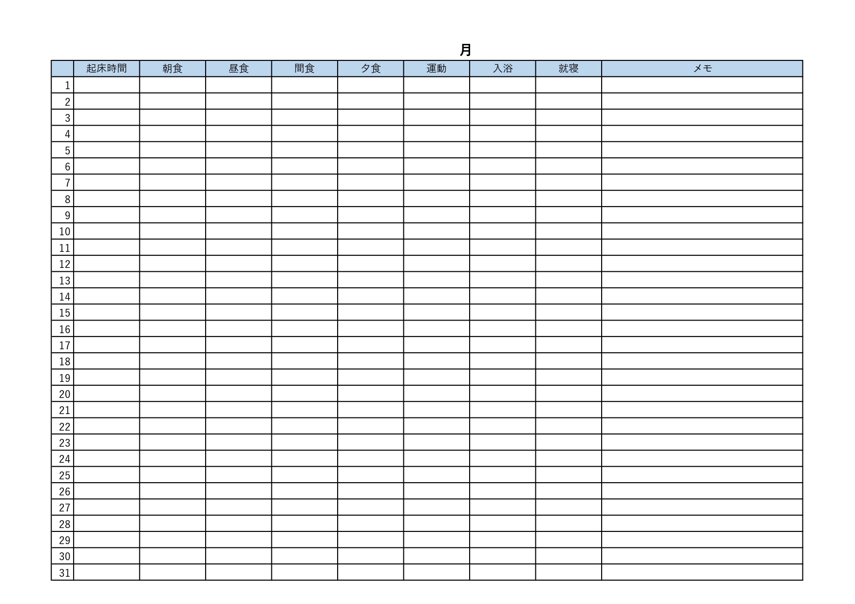 生活リズム記録表のフォーマット(Word・Excel・JPG・PDF)です。生活習慣病予防や個人の健康管理・クリニックや病院の患者さんのチェックシートとしてご活