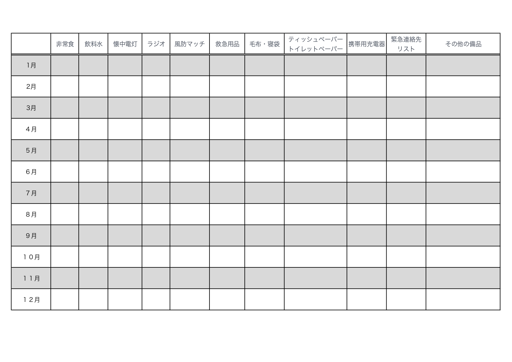 防災グッズチェック表のテンプレート(Excel/Word/PDF/JPG)地震など災害時の非常持ち出し品リスト、チェックシートを簡単に自作できるひな形・手書き、