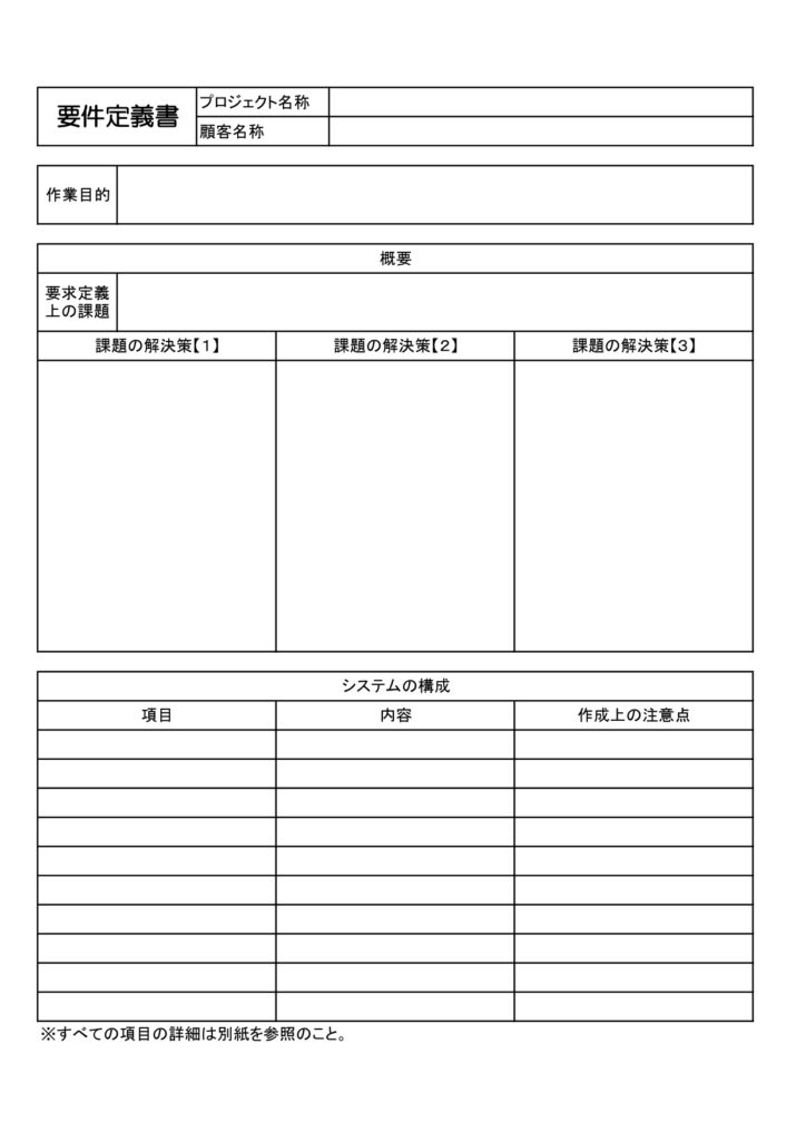 要件定義書のサンプル書式・Excel、Wordで簡単作成！A4縦型サイズのテンプレート・システム開発プロジェクトに活用できるビジネス書類のフォーマットとなり、ど