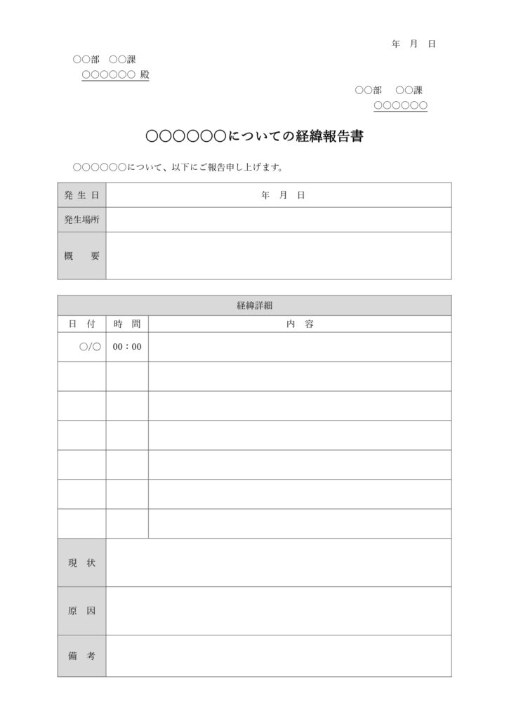 社内向け「経緯報告書」のExcel・Wordのテンプレートです。会社や職場で業務中にミスやトラブルが発生した際、その経緯や状況を上司や関係者へ報告する「経緯報告