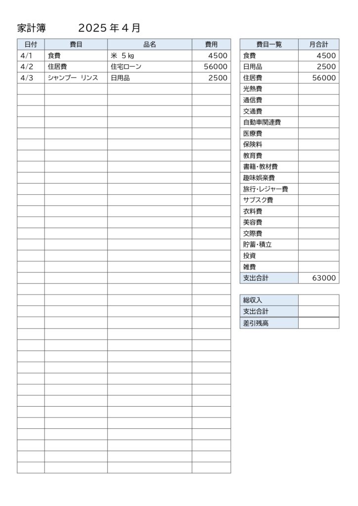 テンプレート 家計簿 使い道