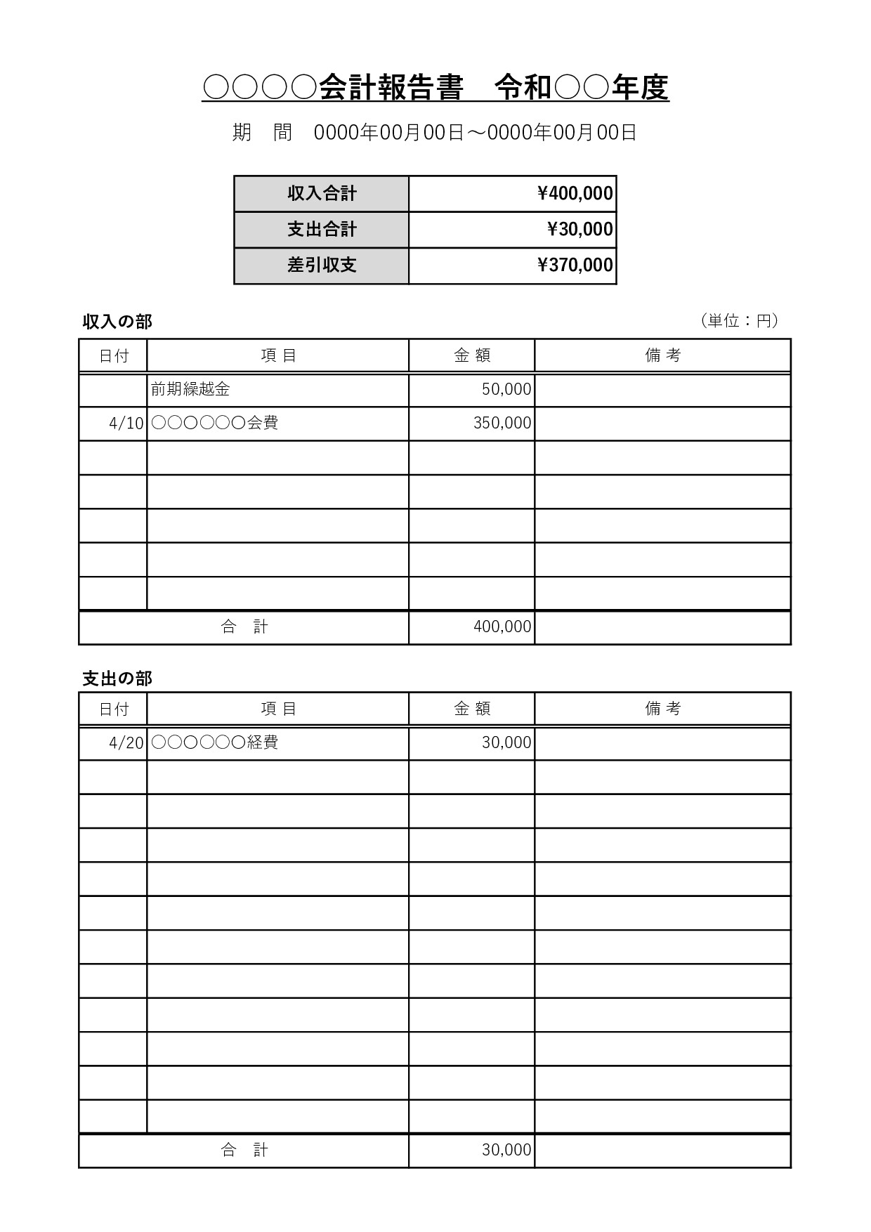 収入と支出が明確に別れて分かりやすい、「会計報告書」のテンプレートです。サークル・部活動・クラブチーム・自治会・子供会・町内会・各種イベントの会計報告書にお使い