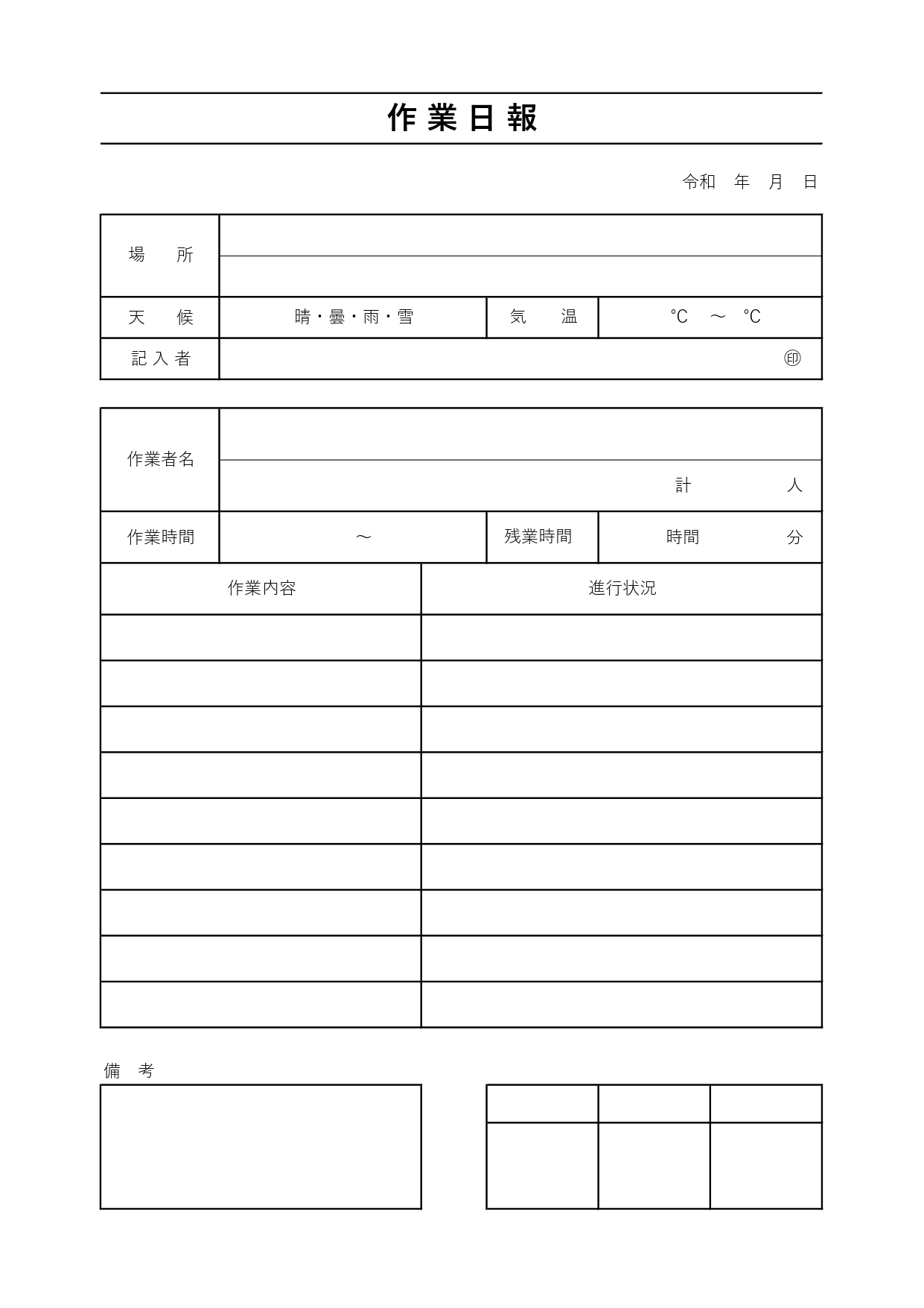 A4「作業日報」のテンプレートになります。主に建設業などの工事現場など、屋外を想定した作りになっており、天候・気温を記入できる欄を設けております。 作業内容とそ