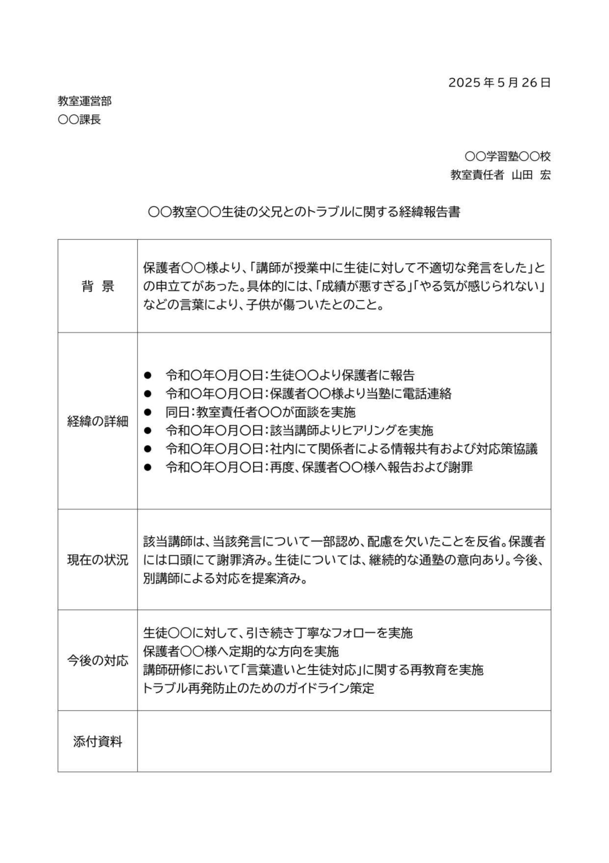 会社・学校・学習塾・習い事などビジネスや教育現場で使いやすい「経緯報告書」のテンプレートになります。トラブルや問題が発生した時などに、事柄の背景、経緯の詳細、現