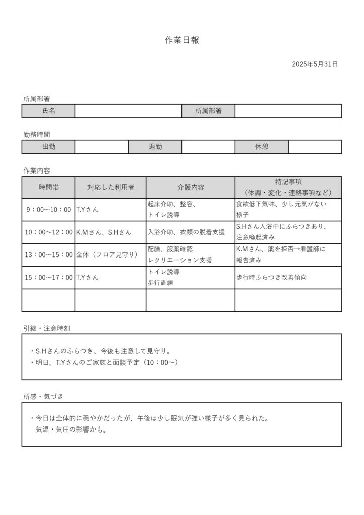 介護現場用に作られた「作業日報