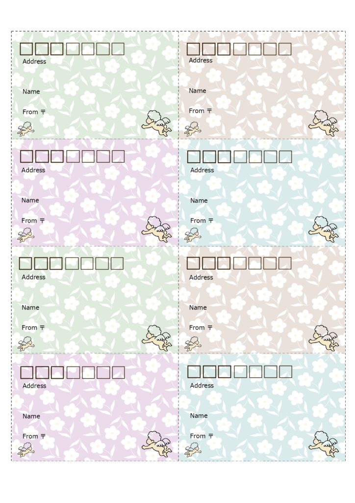 Excel・Word対応！花柄背景付き＆かわいい天使のイラスト入り「宛名ラベル」英語表記のおしゃれなフォーマットです。かわいい天使のワンポイントイラストと花柄の