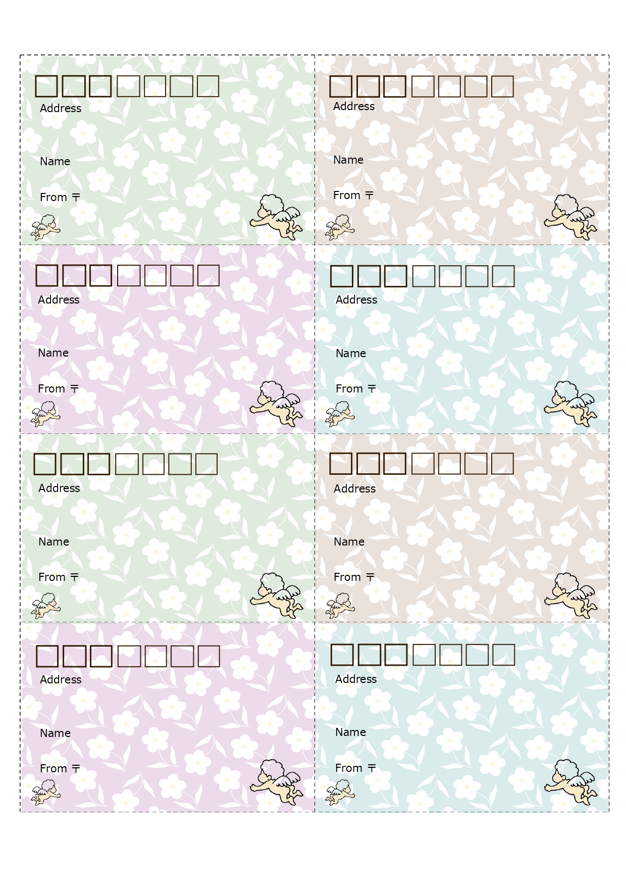 Excel・Word対応！花柄背景付き＆かわいい天使のイラスト入り「宛名ラベル」英語表記のおしゃれなフォーマットです。かわいい天使のワンポイントイラストと花柄の