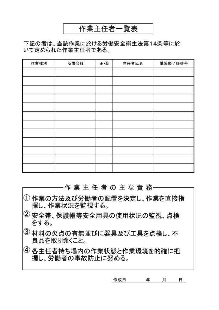 「作業主任者一覧表」掲示用の様