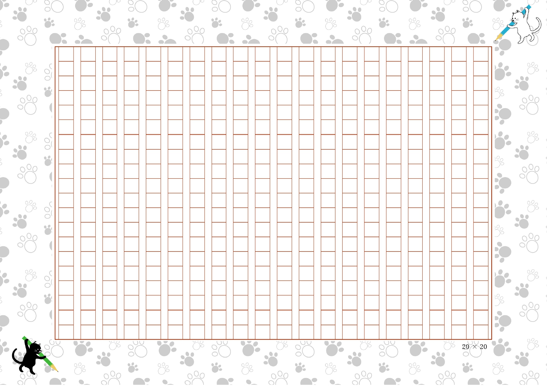 猫好きの方におすすめの原稿用紙のテンプレート！猫の足跡が背景デザインされた、かわいい原稿用紙のテンプレートになります。猫が文字を書き始めるような、ほっこりさせら