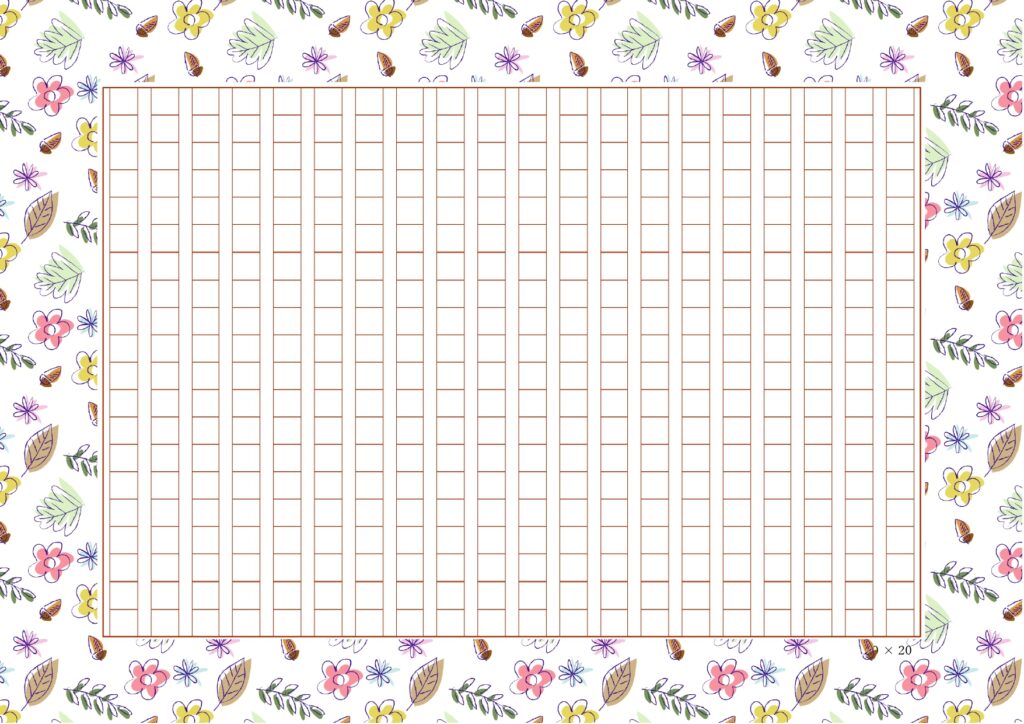 秋の季節におすすめの「原稿用紙」のテンプレート！どんぐりやお花のイラストが描かれた、おしゃれでかわいい原稿用紙のテンプレートです。 秋の読書週間におすすめのフォ