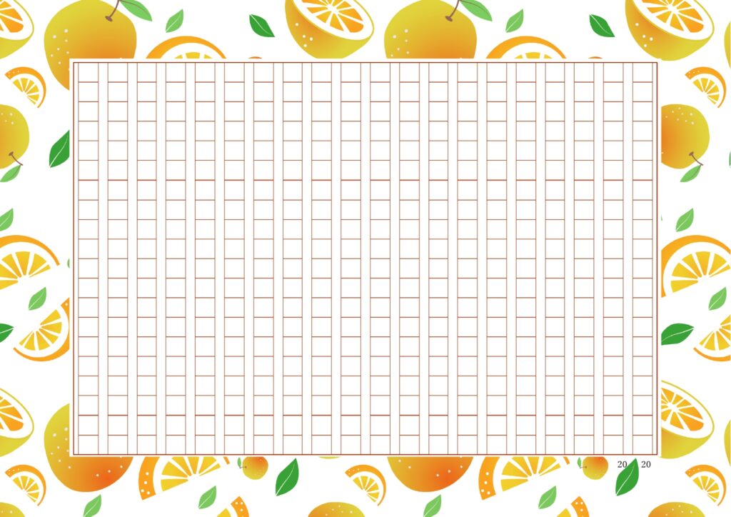 【A4原稿用紙】400字詰めの原稿用紙のテンプレートにオレンジのイラストが描かれた、おしゃれなフォーマット。 ナレーション原稿、読書感想文、小論文、自己紹介の作