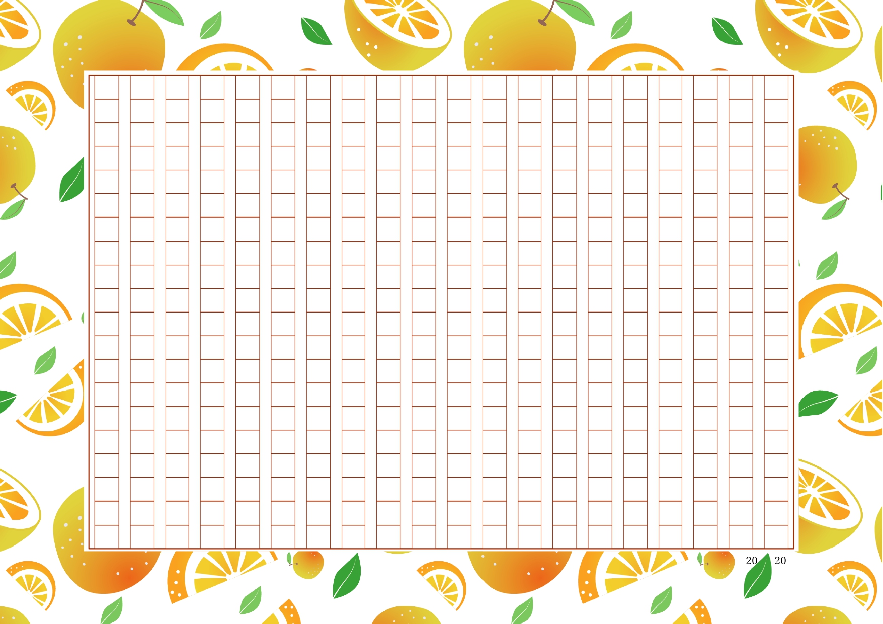 【A4原稿用紙】400字詰めの原稿用紙のテンプレートにオレンジのイラストが描かれた、おしゃれなフォーマット。 ナレーション原稿、読書感想文、小論文、自己紹介の作