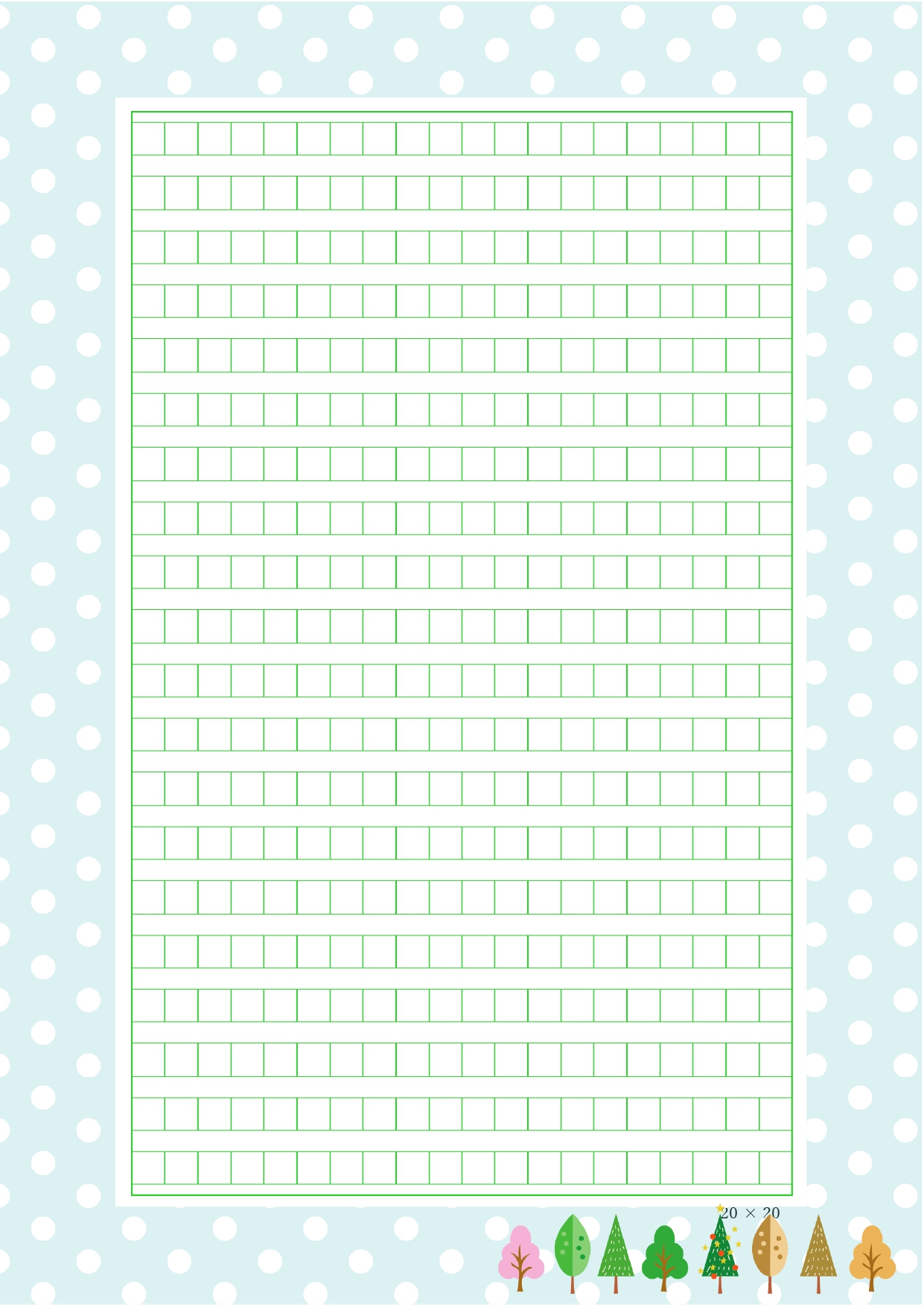 A4横書き・20文字×20行の400字詰め、パソコンでの直接入力も可能な原稿用紙のテンプレートです。水色ベースのドット柄に季節が移り変わる様子を描いた木のイラス