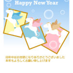 小学生や中学生におすすめ！かわいいユニコーンのイラスト入り年賀状の無料テンプレートです。ピンク、ブルー、ブラウンのパステルカラーで描かれたかわいいユニコーンが青