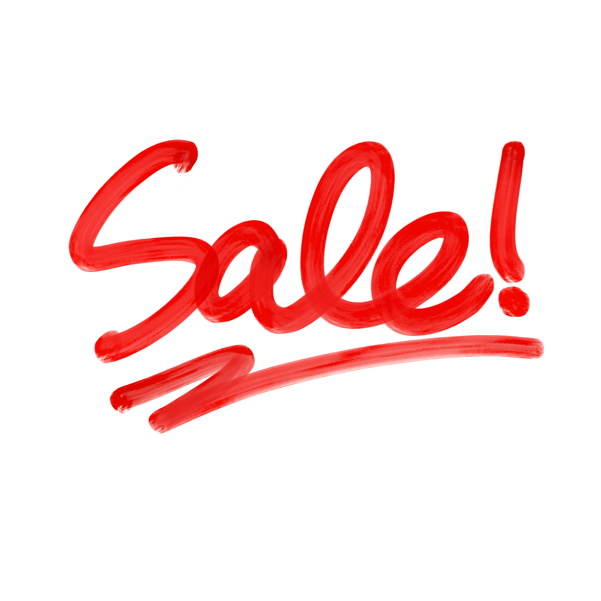 「Sale!」の赤い手描き風文字で描いた、インパクトある販促用ビジュアルです。 白背景に赤文字＋アンダーラインという王道構成で、セール告知・ショップポスター・P