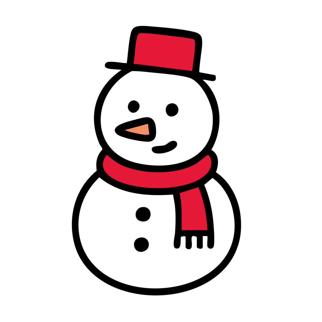 赤い帽子とマフラーを身につけたかわいらしい雪だるまのイラストです。シンプルな線と明るい色使いが、冬の楽しい雰囲気と雪の日の温かさを感じさせます。 季節の素材とし