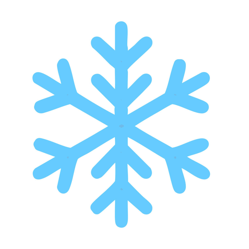 淡い水色で描かれた雪の結晶のイラストです。シンプルながらも冬らしい冷たさと透明感を感じさせ、季節のアイコンやデザイン装飾にぴったりです。柔らかな線で描かれた形が
