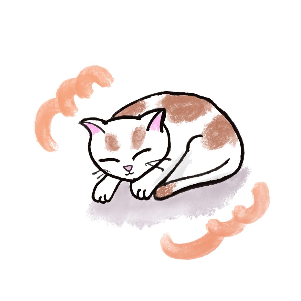 気持ちよさそうに眠る三毛猫をモチーフにした、手描き・水彩風のやさしいタッチの動物イラストです。 ほっこりする表情と柔らかい色合いのイラストです。 「癒し」「猫キ
