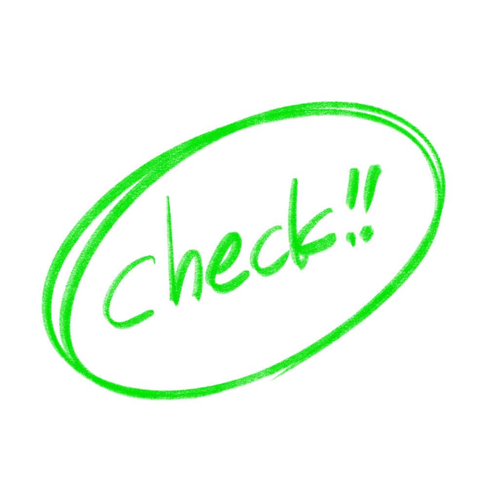 手描き風の緑色のマーカーで「check!!」と書いた文字と、それを囲む楕円の二重線が描いたイラストです。 「確認ポイント」「チェック事項」「重要確認」などを表す