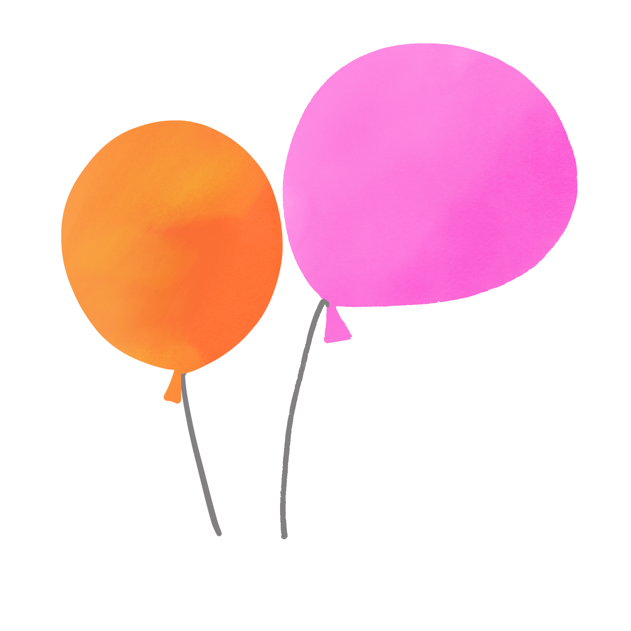 ピンクとオレンジの風船がふわっと浮かぶ、水彩風のかわいいイラストです。 パーティーの装飾、誕生日カード、イベント用デザインにおすすめです。 ワンポイントに気軽に