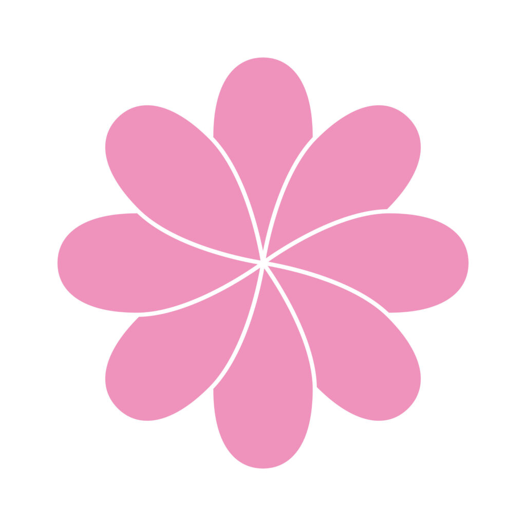 シンプルで対称的なピンク色の花のイラストです。丸みを帯びた柔らかいデザインです。 春や母の日のデザイン素材（チラシ、カード、SNS）、教育・保育関連の教材・装飾
